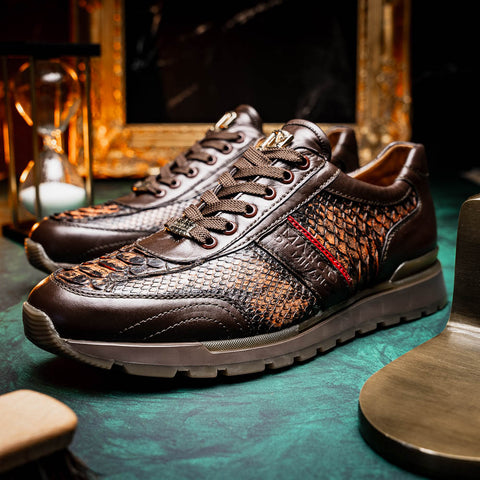 Marco Di Milano BRESCIA Washed Cognac Hand-Painted Python & Calfskin Sneakers