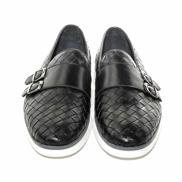 SIGOTTO UOMO Woven Double Buckle Black Soft Leather Casual Shoes