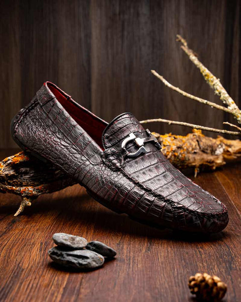 Marco Di Milano Parma Black Cherry Caiman Belly Bit Driving Loafers