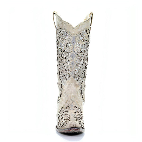 Corral White Glitter Inlay & Crystals Cowgirl leather Boots