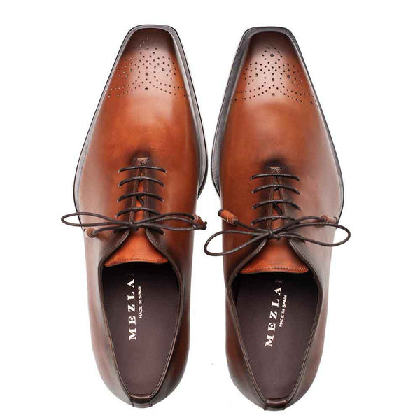 Mezlan Cupula Patina Tan Calfskin Leather Whole-Cut Oxford Shoes