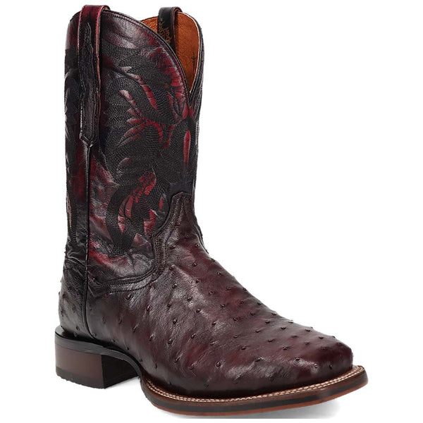 Dan Post Men’s Alamosa Black and Cherry Full Quill Ostrich Boots