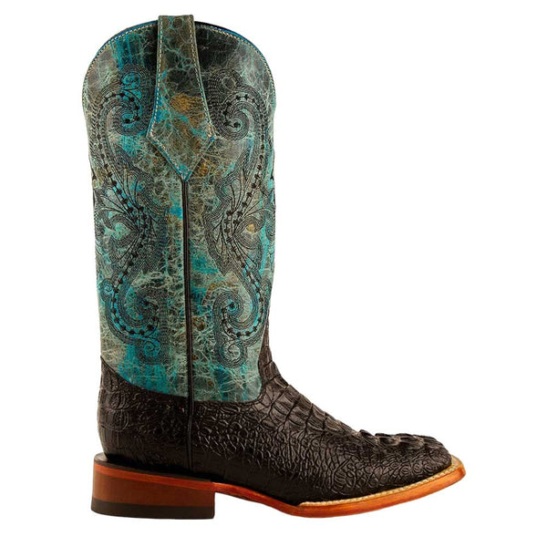 Ferrini Stampede Ladies Black/Teal Caiman Square Toe Cowhide Print Boots