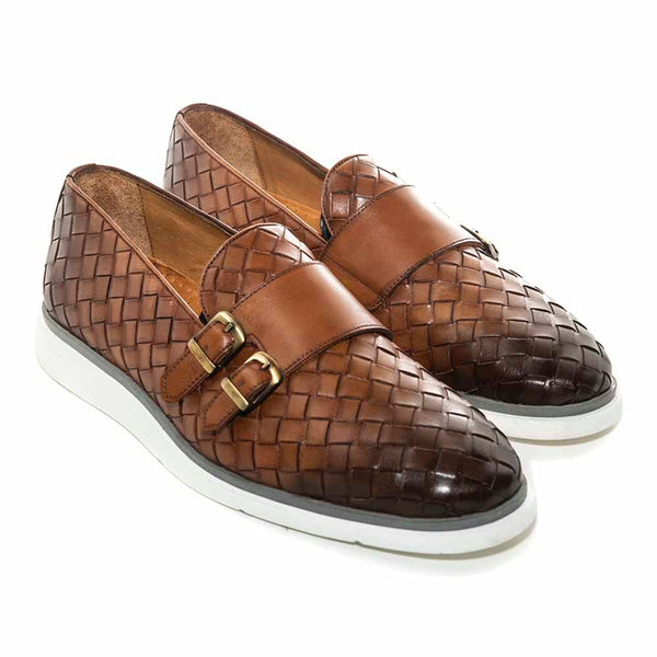 SIGOTTO UOMO Woven Double Buckle Tan Soft Leather Casual Shoes