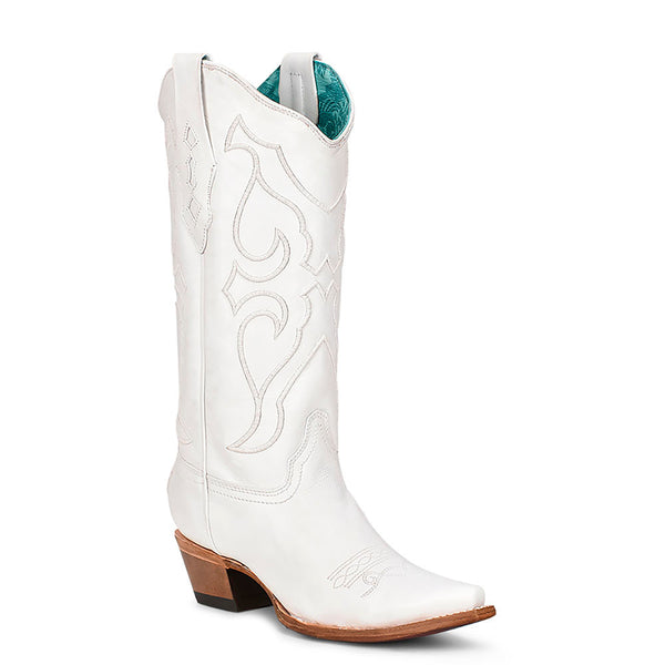 Corral White Cowboy Boots with Matching Stitch Pattern and Inlay Pullstraps