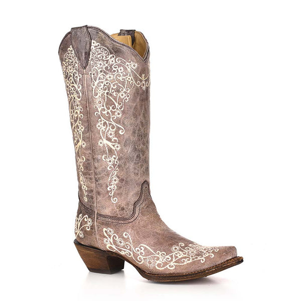 Corral Western White Floral Embroidered Boots