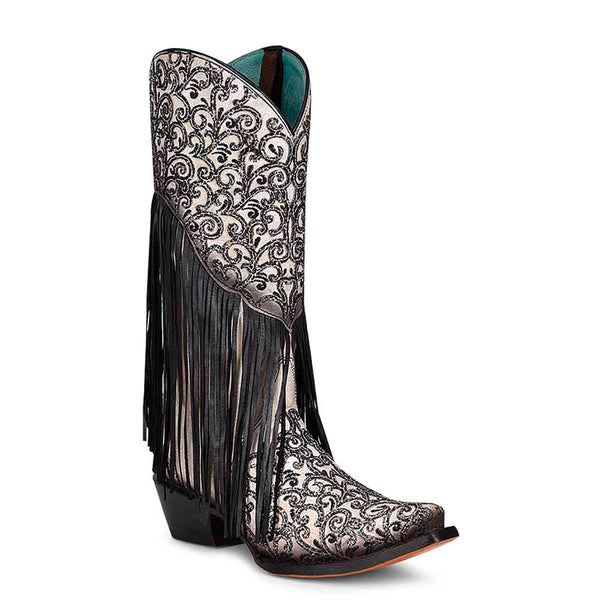 Corral White and Black Cowboy Boots with Lamb Overlay, Embroidery, and Fringes