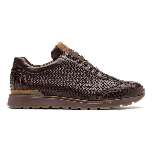 Marco Di Milano Roma Woven Brown Calfskin and Caiman Crocodile Sneakers