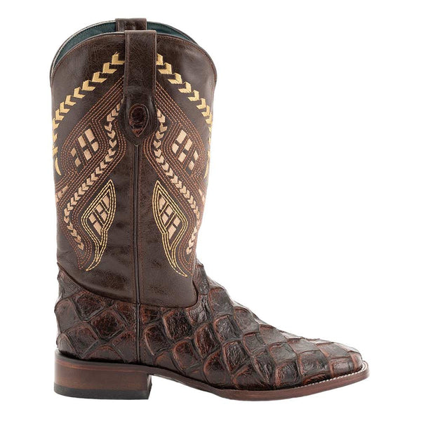 Ferrini Bronco Chocolate Pirarucu Print Square Toe Leather Cowboy Boots