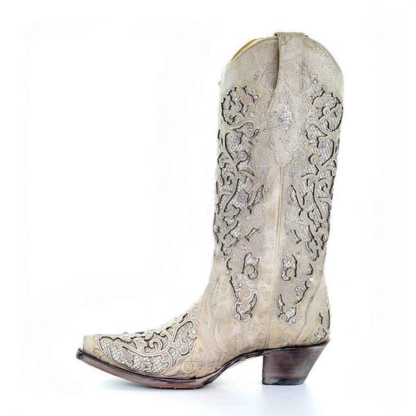 Corral White Glitter Inlay & Crystals Cowgirl leather Boots