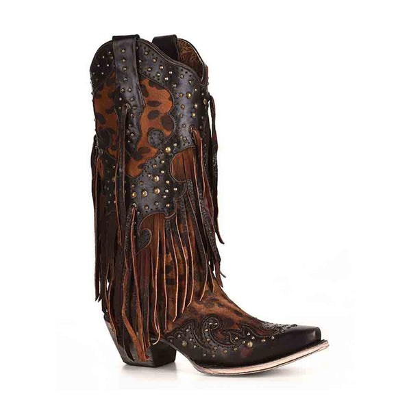 Corral Leopard Print and Fringe Western Boots with Copper Studs