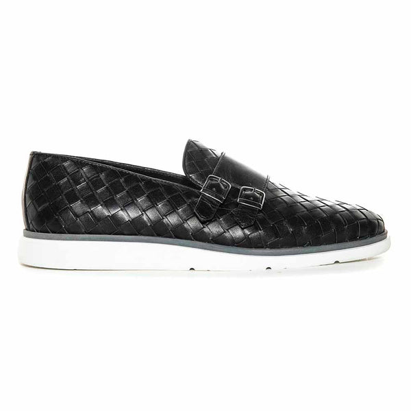 SIGOTTO UOMO Woven Double Buckle Black Soft Leather Casual Shoes