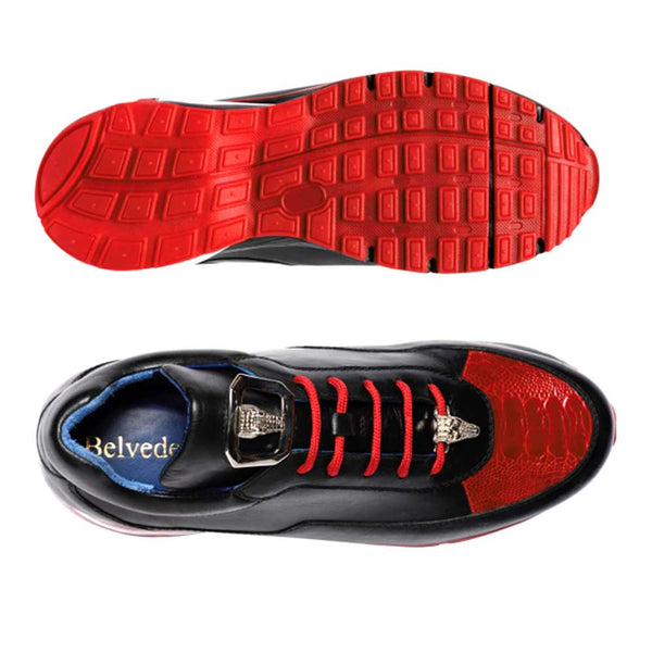 Belvedere Flash Black & Red Genuine Ostrich & Soft Italian Calf Men Sneakers