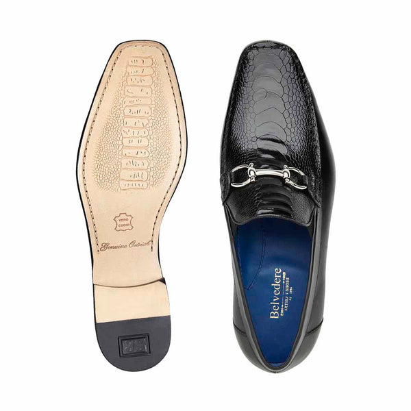 Belvedere Bruno Men's Split-Toe Black Ostrich Horsebit Loafers