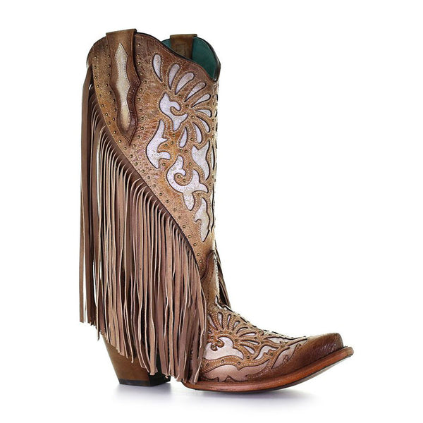 Corral Light Brown Embroidery & Fringe Snip Toe Cowgirl Boots