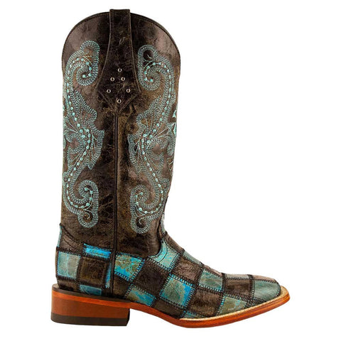 Ferrini Patchwork Ladies Black/Teal Full Grain Square Toe Leather Boots