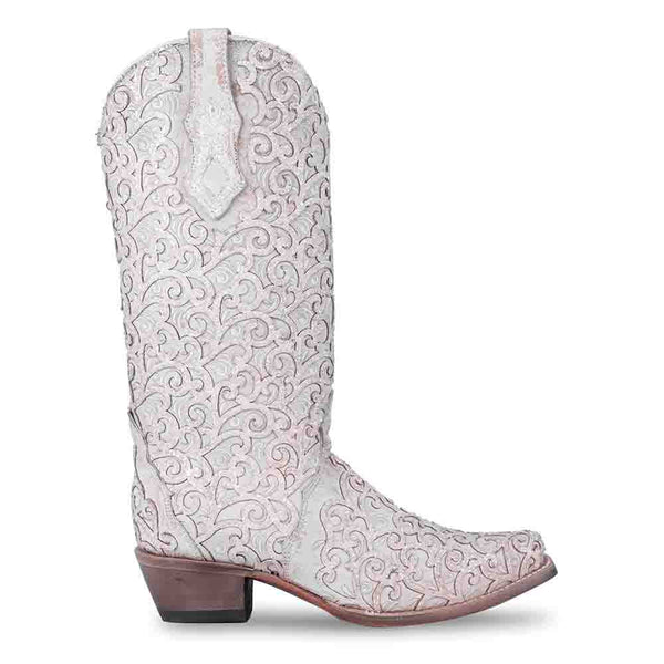 Corral Overlay Snip Toe Western White Glitter Boots