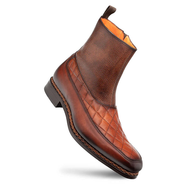 Mezlan Musico Dark Cognac/Chocolate Calfskin with Contrast-Braided Sole Dress Zip Boots