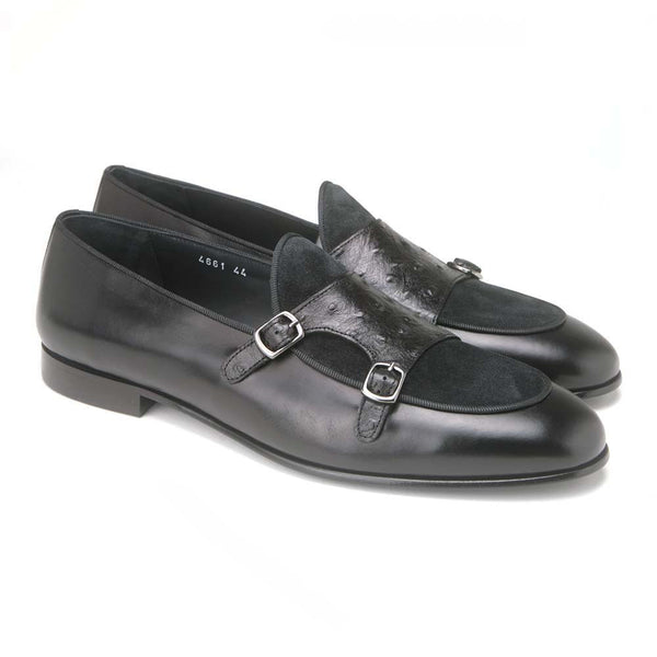 Corrente Black Leather Men’s Vamp Double Monk Strap Shoes