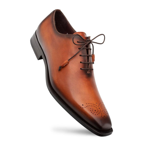 Mezlan Cupula Patina Tan Calfskin Leather Whole-Cut Oxford Shoes