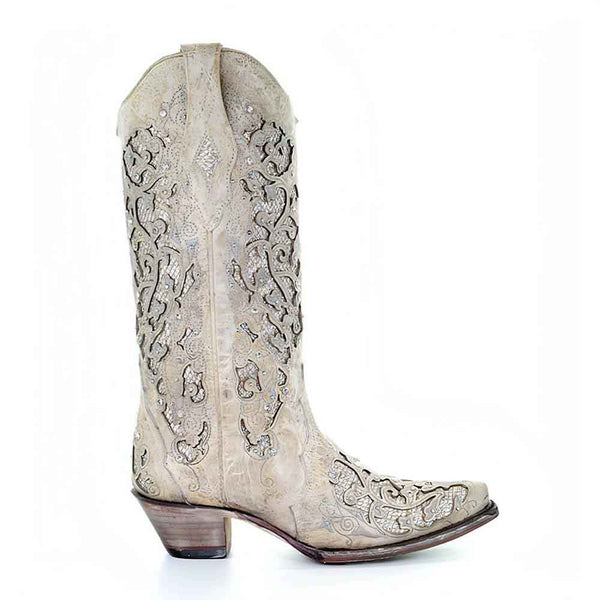 Corral White Glitter Inlay & Crystals Cowgirl leather Boots