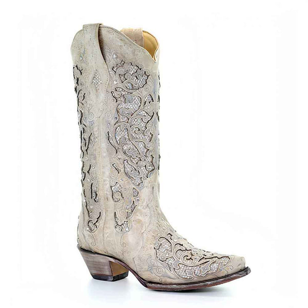 Corral White Glitter Inlay & Crystals Cowgirl leather Boots