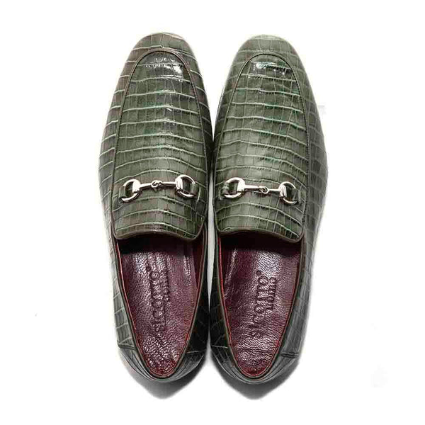 SIGOTTO UOMO Crocodile Print Green Leather Loafer