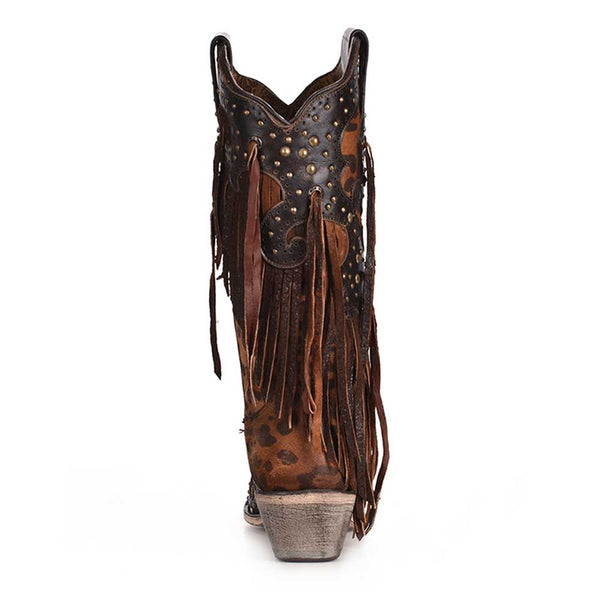 Corral Leopard Print and Fringe Western Boots with Copper Studs