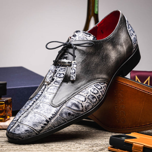 Marco Di Milano Anzio Derby Newspaper/Grey Alligator And Calfskin Shoes