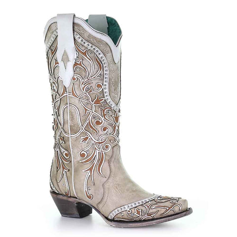 Corral White Overlay with Studs & Crystals Cowhide Leather Boots