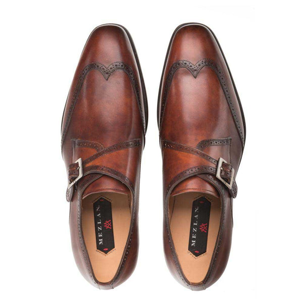 Mezlan Forest Cognac Calfskin Leather Men’s Modern Wing Tip Monk Strap