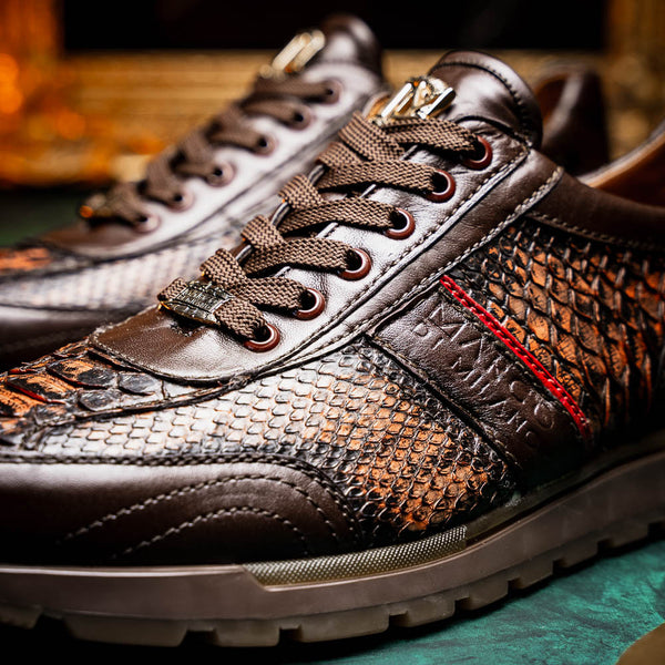 Marco Di Milano BRESCIA Washed Cognac Hand-Painted Python & Calfskin Sneakers