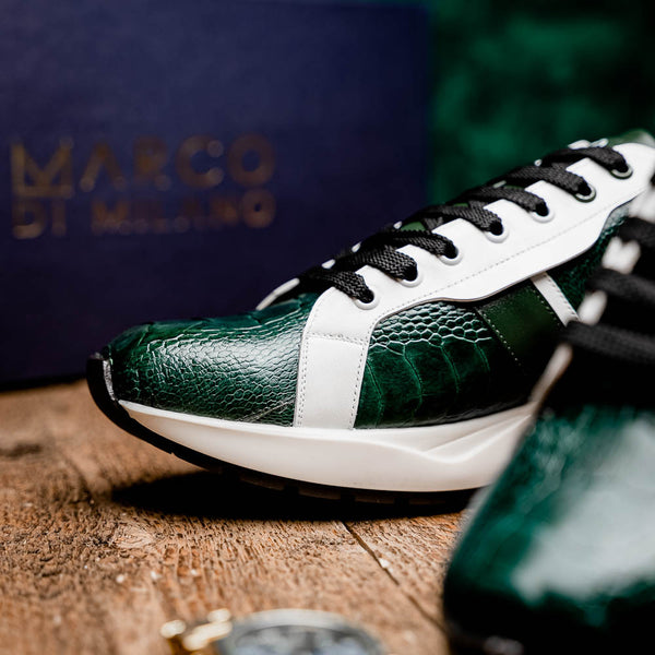 Marco Di Milano LYON Hand-Painted Two tone Green/White Ostrich & Calfskin Sneakers