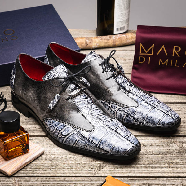 Marco Di Milano Anzio Derby Newspaper/Grey Alligator And Calfskin Shoes