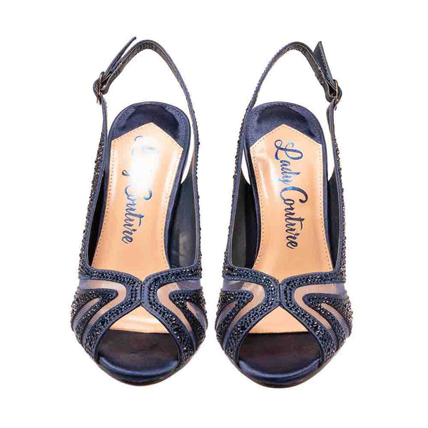 Lady Couture ADORE Navy Blue Mid Heel Rhinestone Slingback