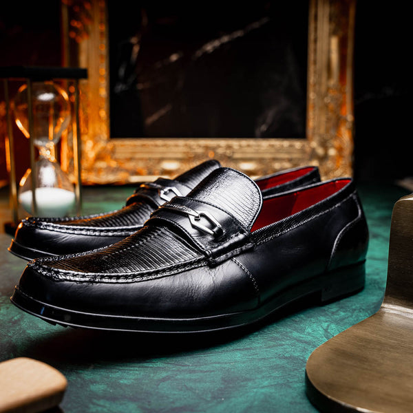 Marco Di Milano Hugo Lizard And Calfskin Black Bit Loafers