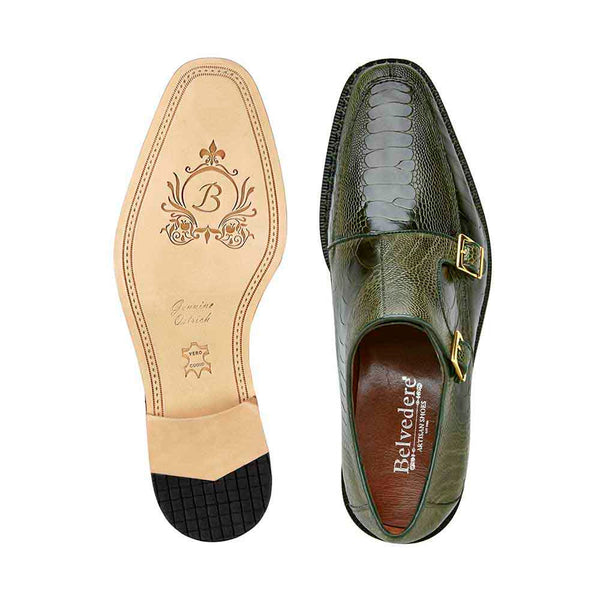 Belvedere Valiente Men's Double Monk-Strap Forest Genuine Ostrich Loafers