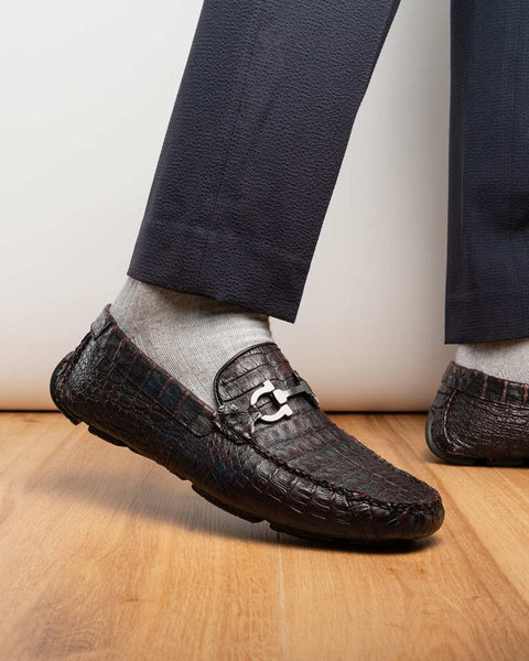 Marco Di Milano Parma Black Cherry Caiman Belly Bit Driving Loafers