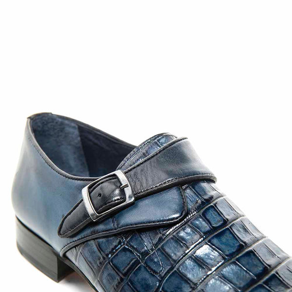 SIGOTTO Uomo Navy Blue Crocodile Buckle Monk Shoes