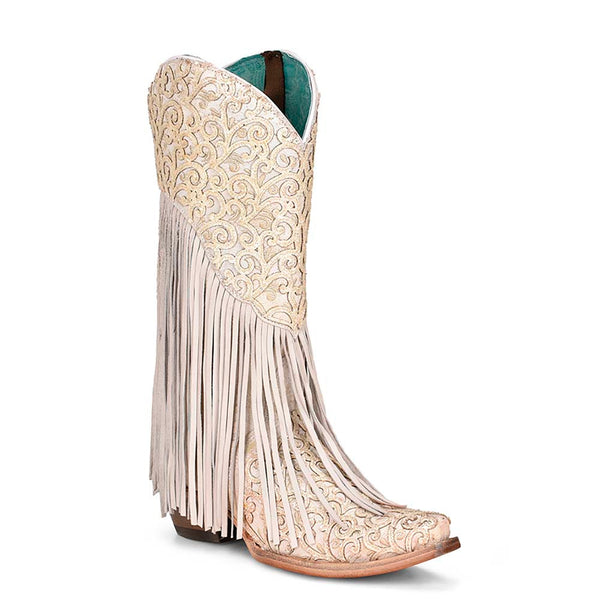 Corral White Lamb Overlay and Embroidery with Fringes Snip Toe Boots