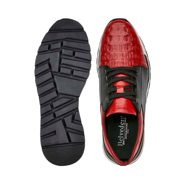 Belvedere Men's Casual Black & Red Exotic Caiman Crocodile/Italian Calf Sneakers