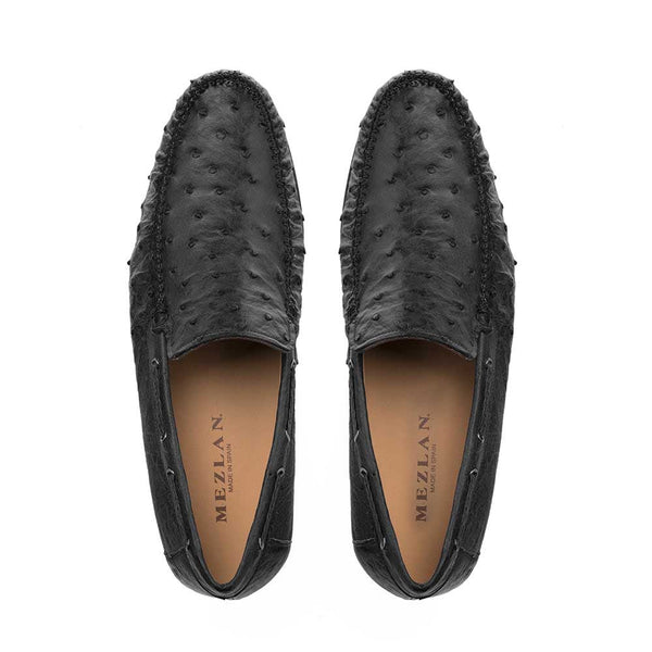 Mezlan Genuine Ostrich Black Moccasin Slip-on Loafers For Men
