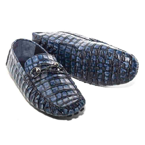 SIGOTTO UOMO Navy Blue Italian Leather Crocodile Print Bit Moccasin