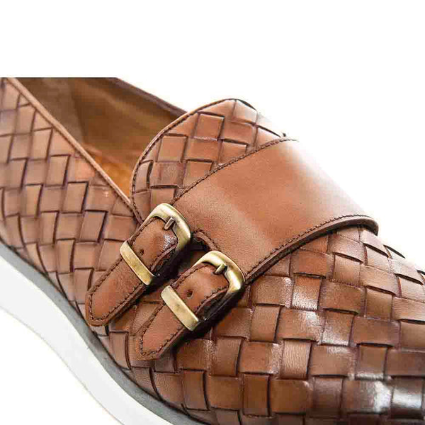 SIGOTTO UOMO Woven Double Buckle Tan Soft Leather Casual Shoes