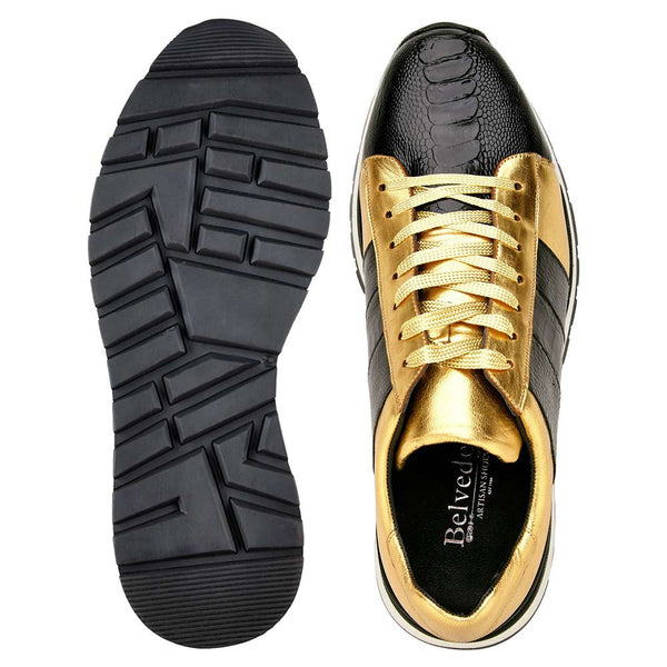 Belvedere Blake Black / Gold Genuine Ostrich Sneakers