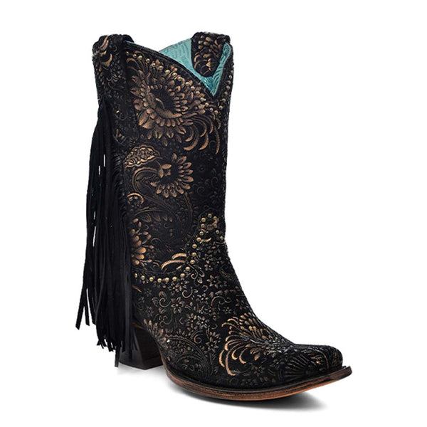 Corral Gold Floral Suede Studs & Fringe Ankle Boots