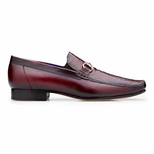 Belvedere Bruno Men's Split-Toe Burgundy Ostrich Horsebit Loafers