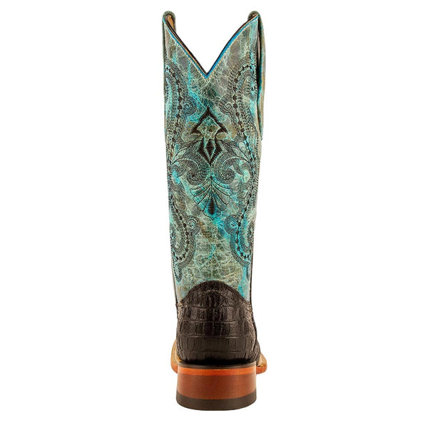 Ferrini Stampede Ladies Black/Teal Caiman Square Toe Cowhide Print Boots