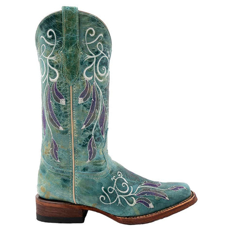 Ferrini Dreamer Sea Foam Embroidered Full Grain Leather Narrow Square Toe Boots