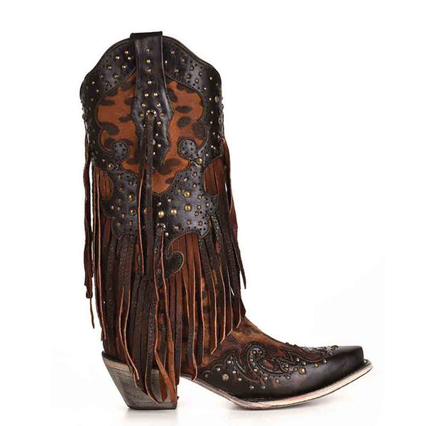 Corral Leopard Print and Fringe Western Boots with Copper Studs